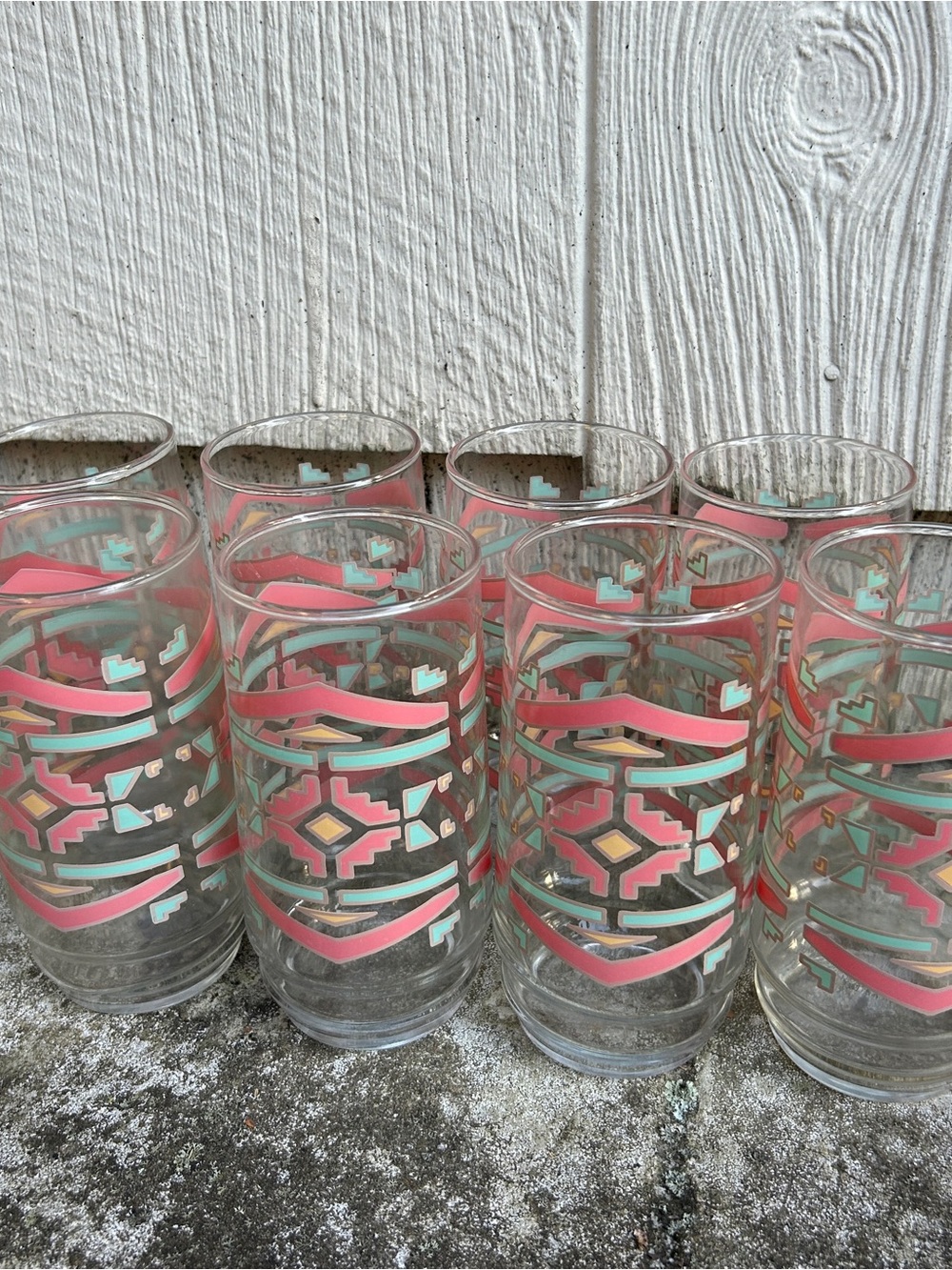 VTG Indiana Glass Pueblo Southwest Geometric Tumbler Glasses Coral Teal Set of 8